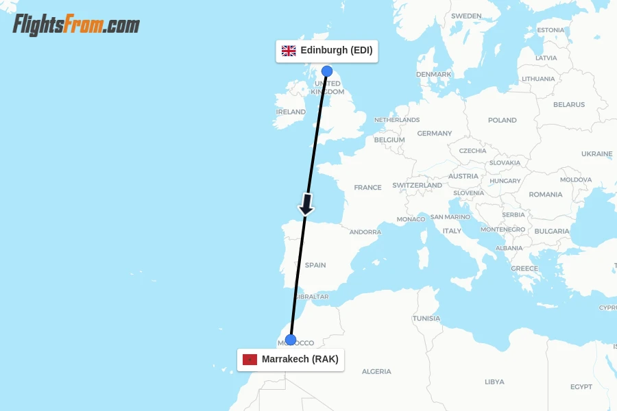 Flights from Edinburgh to Marrakech route map