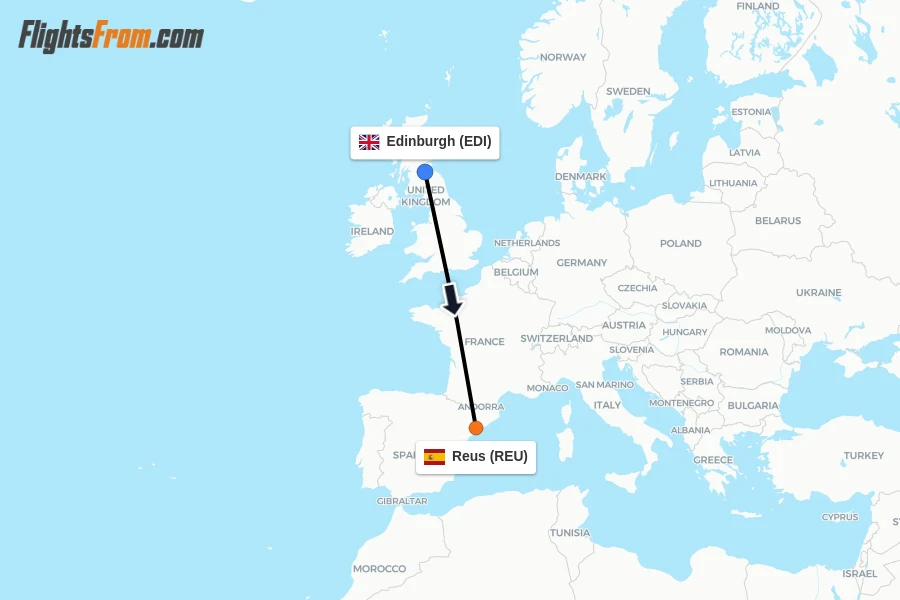 Flights from Edinburgh to Reus route map