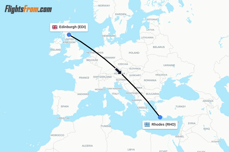 Flights from Edinburgh to Rhodes route map