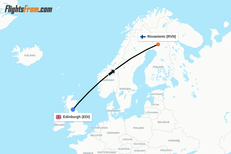 Flights from Edinburgh to Rovaniemi route map