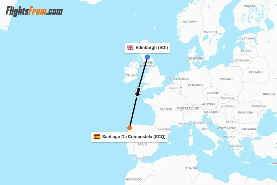 Flights from Edinburgh to Santiago De Compostela route map