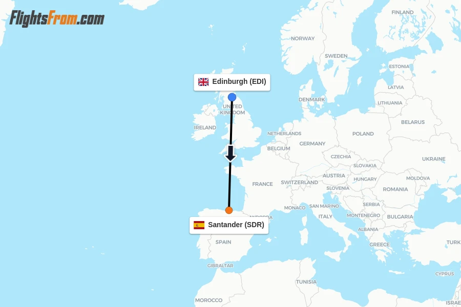 Flights from Edinburgh to Santander route map