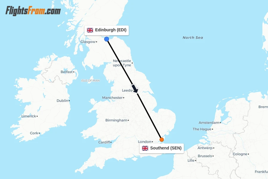 Flights from Edinburgh to Southend route map
