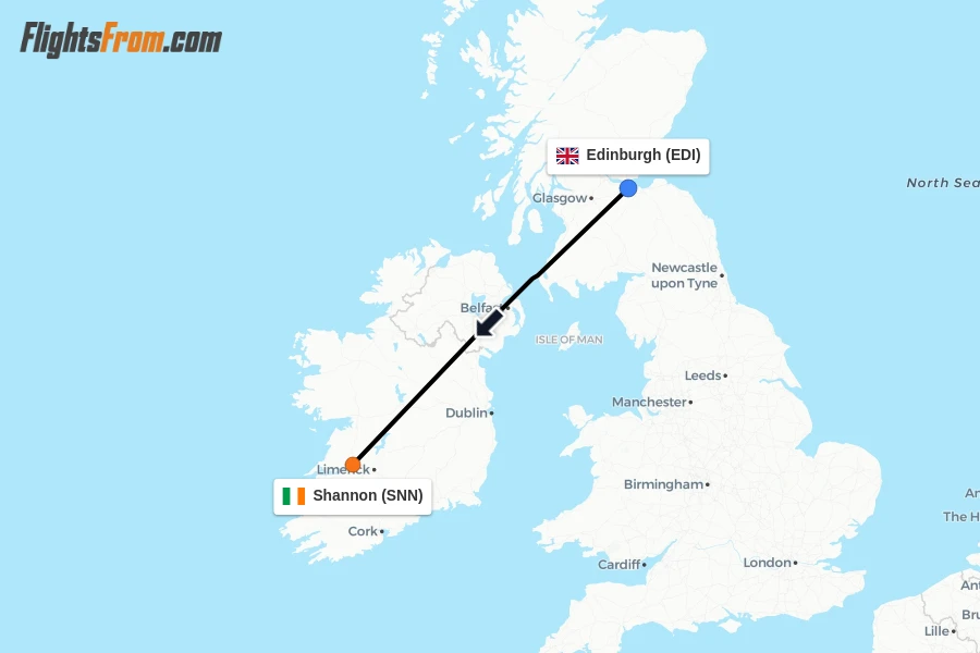 Flights from Edinburgh to Shannon route map