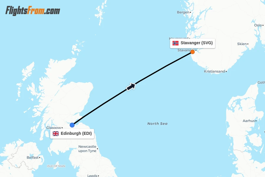 Flights from Edinburgh to Stavanger route map