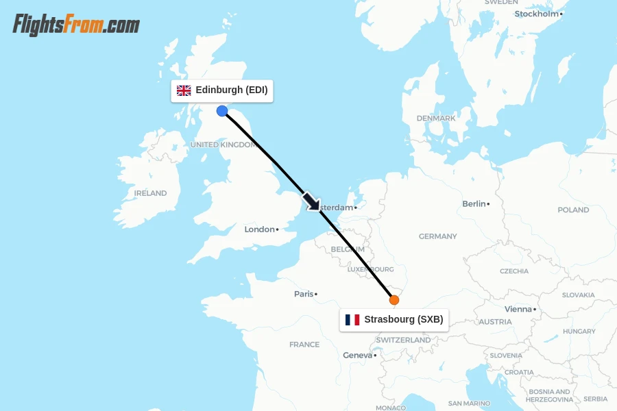 Flights from Edinburgh to Strasbourg route map