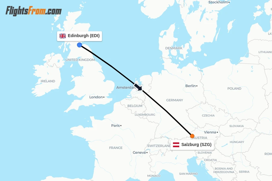 Flights from Edinburgh to Salzburg route map