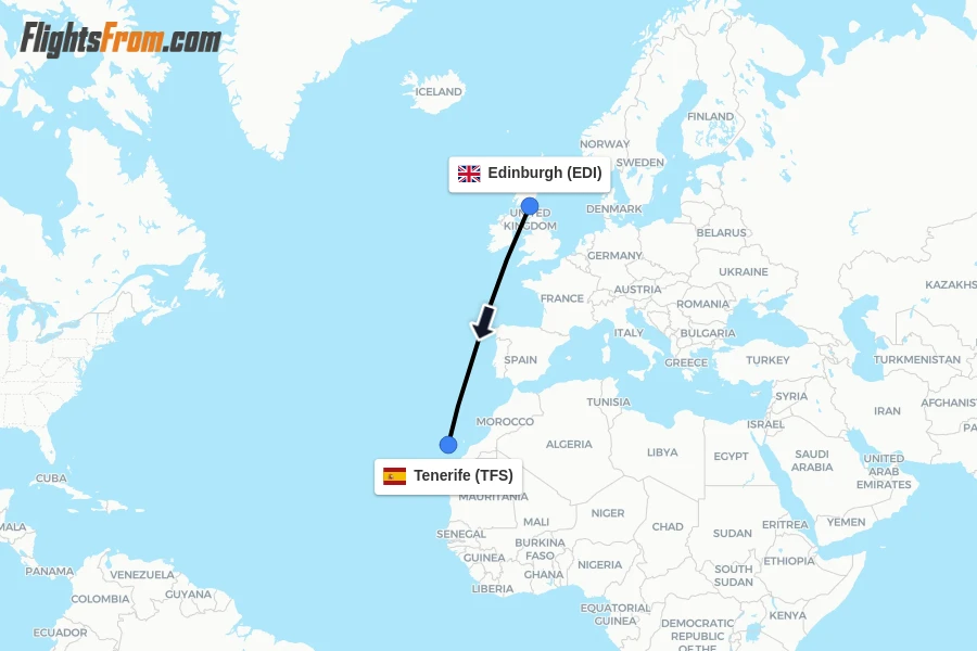 Flights from Edinburgh to Tenerife route map