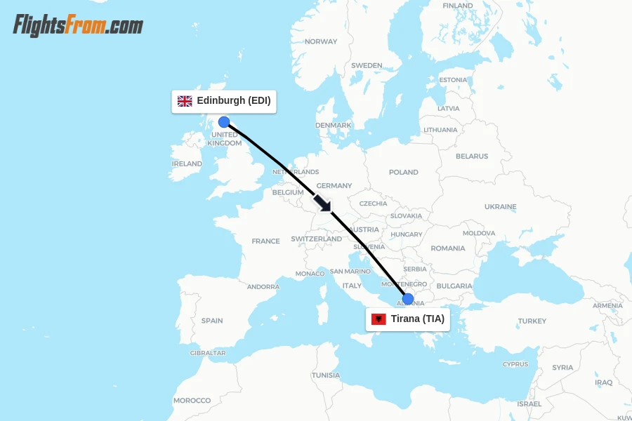 Flights from Edinburgh to Tirana route map