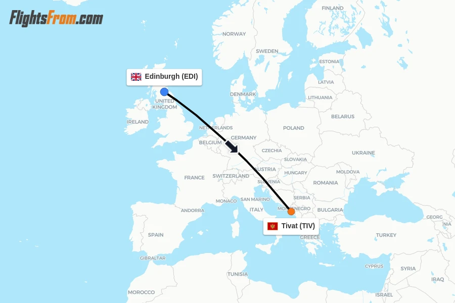 Flights from Edinburgh to Tivat route map