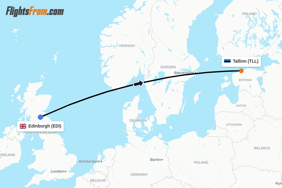 Flights from Edinburgh to Tallinn route map