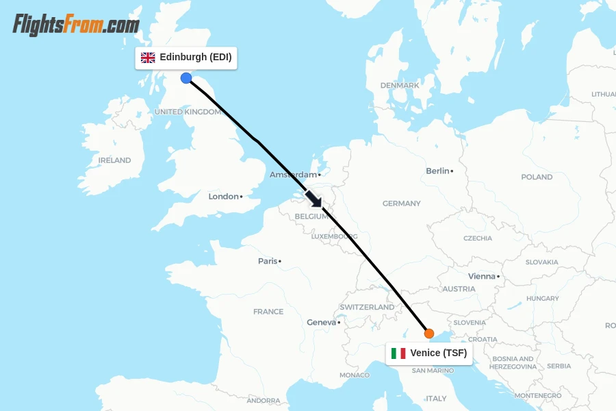 Flights from Edinburgh to Venice route map