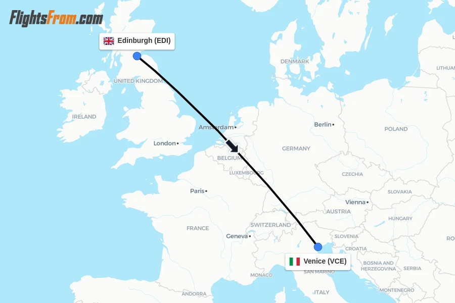 Flights from Edinburgh to Venice route map