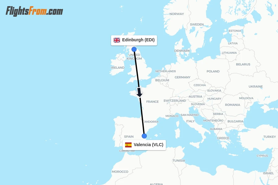 Flights from Edinburgh to Valencia route map