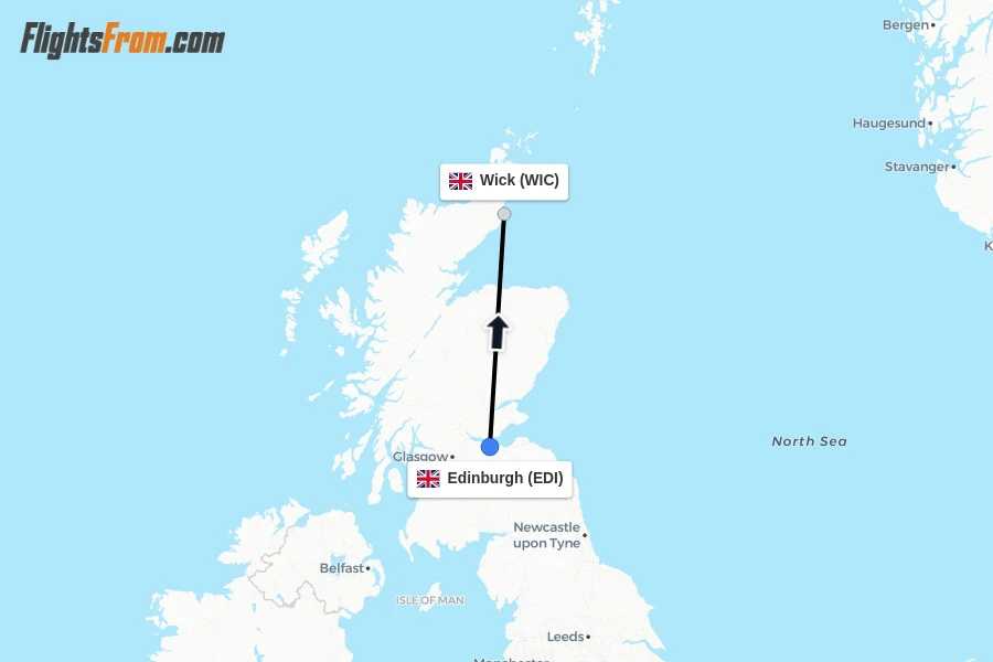 Flights from Edinburgh to Wick route map