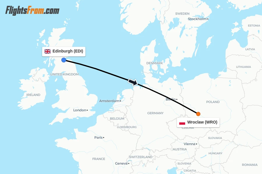 Flights from Edinburgh to Wroclaw route map