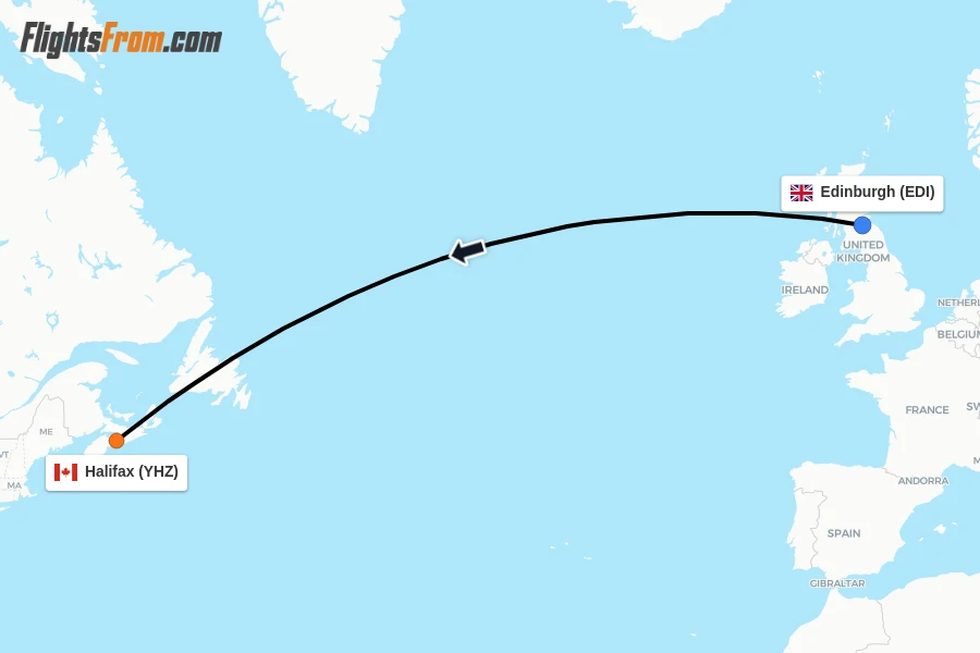 Flights from Edinburgh to Halifax route map