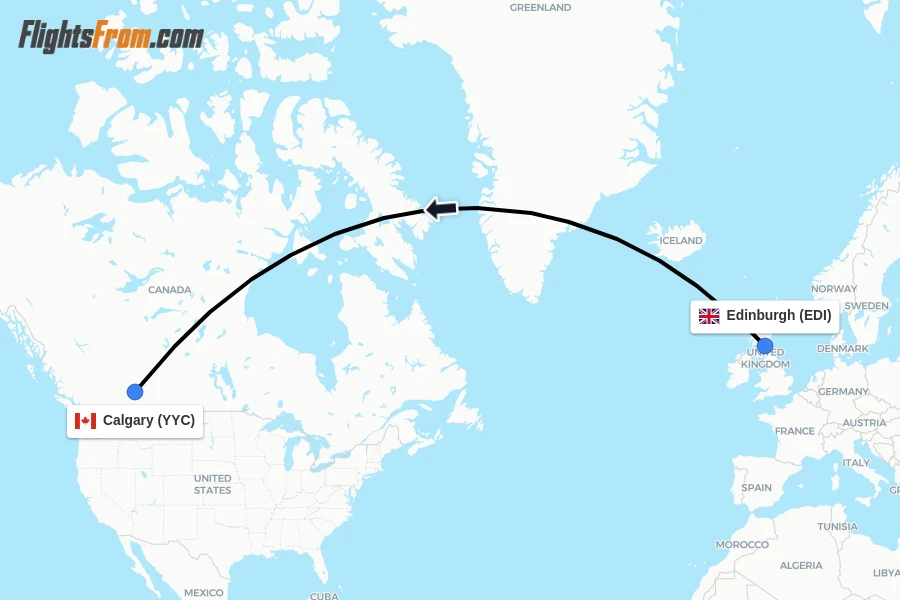 Flights from Edinburgh to Calgary route map