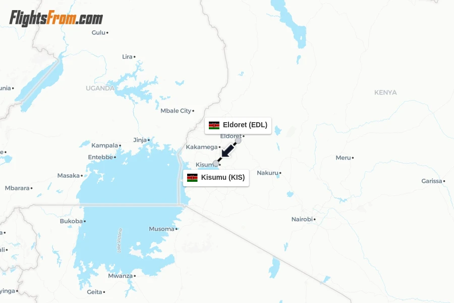 Flights from Eldoret to Kisumu route map