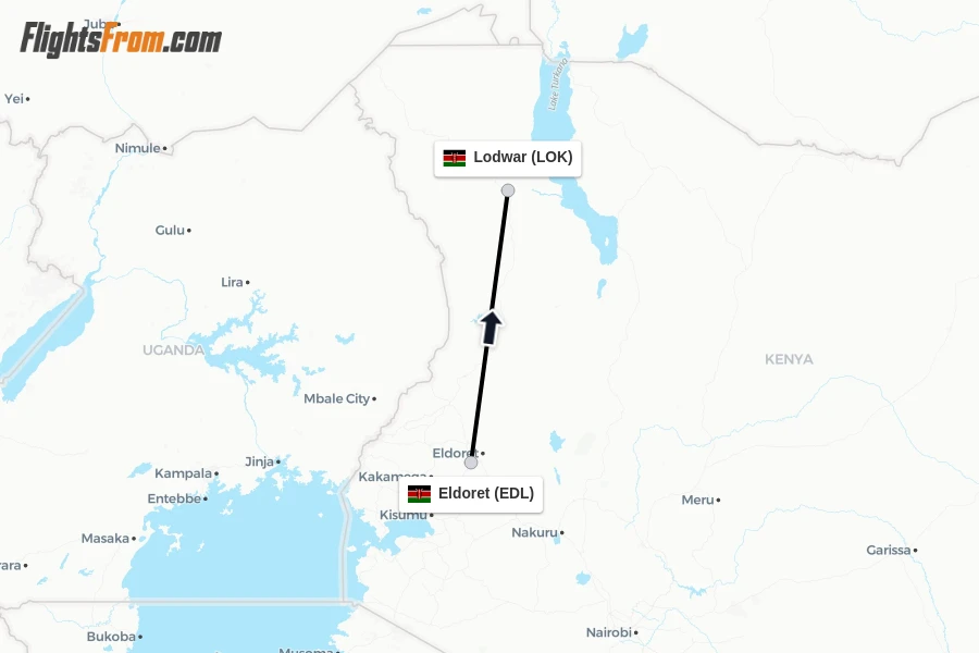 Flights from Eldoret to Lodwar route map