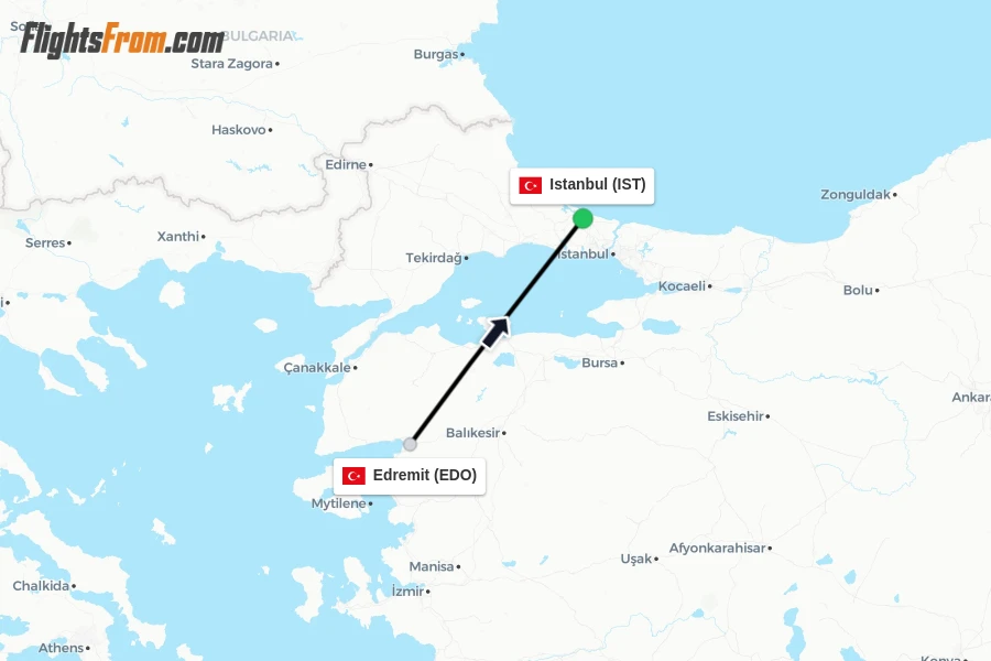 Flights from Edremit to Istanbul route map