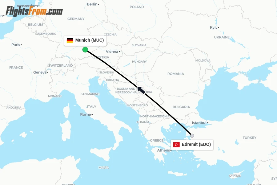 Flights from Edremit to Munich route map