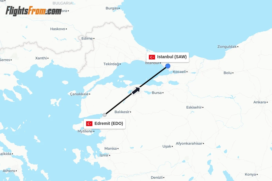 Flights from Edremit to Istanbul route map