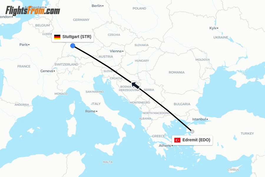 Flights from Edremit to Stuttgart route map