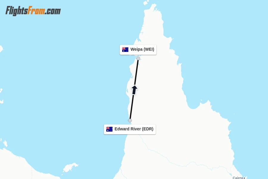 Flights from Edward River to Weipa route map
