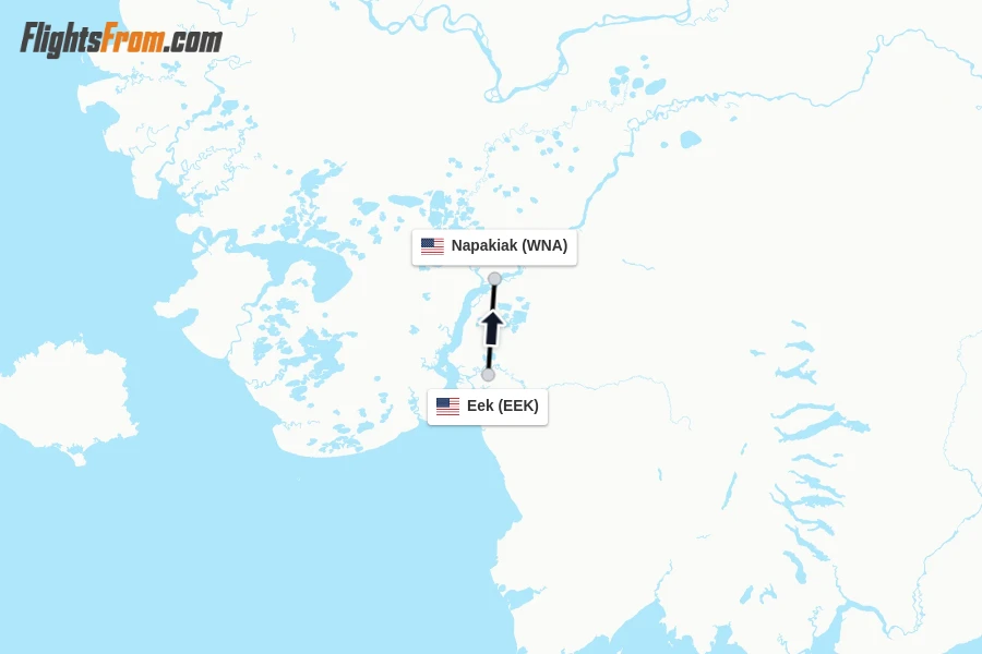 Flights from Eek to Napakiak route map