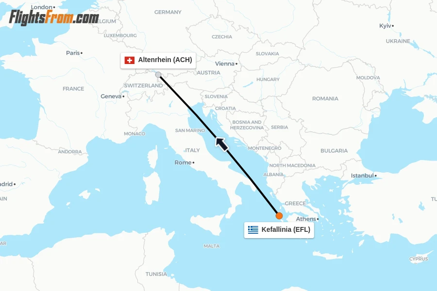 Flights from Kefallinia to Altenrhein route map