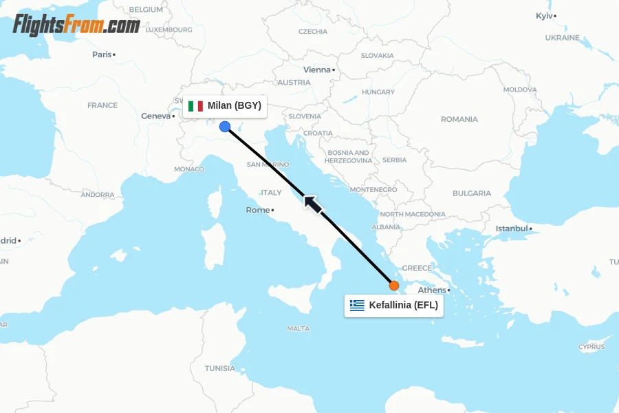 Flights from Kefallinia to Milan route map