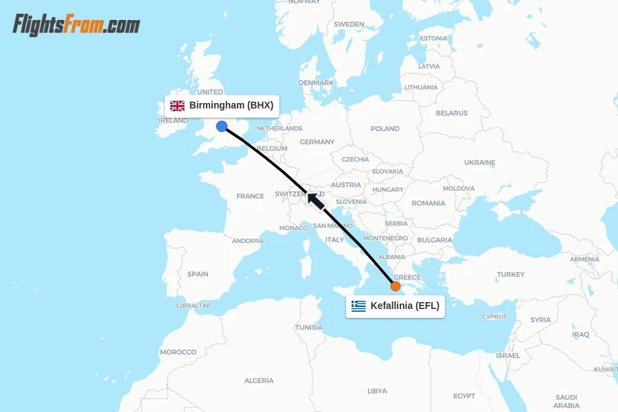 Flights from Kefallinia to Birmingham route map