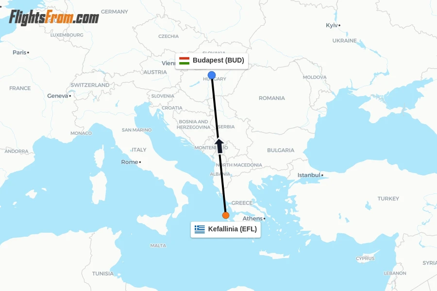 Flights from Kefallinia to Budapest route map