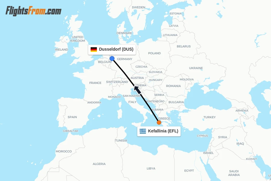 Flights from Kefallinia to Dusseldorf route map
