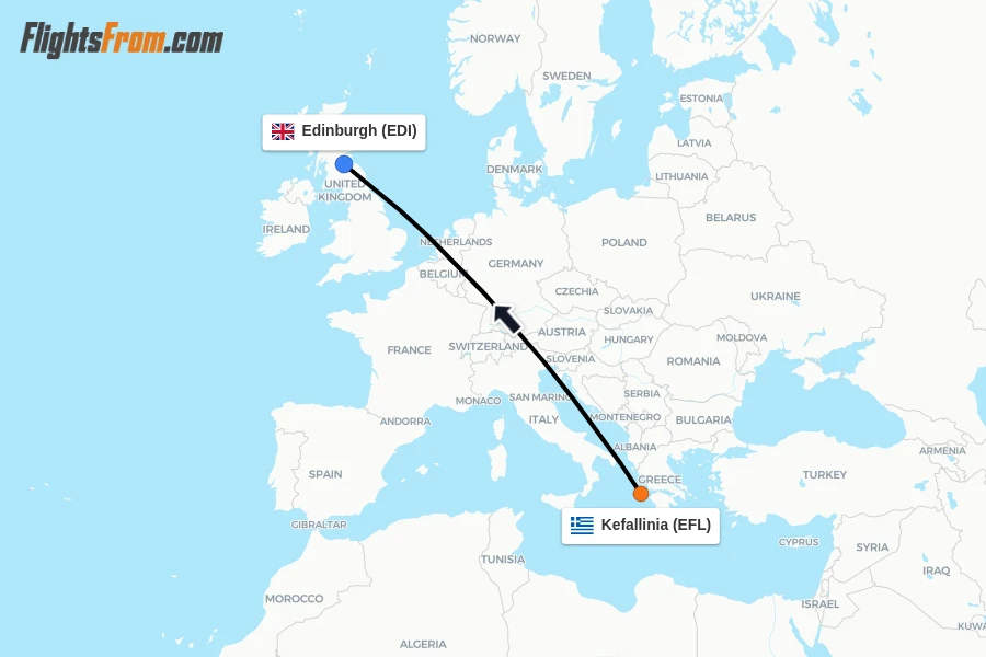 Flights from Kefallinia to Edinburgh route map