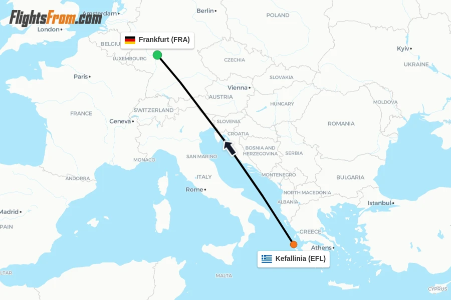 Flights from Kefallinia to Frankfurt route map
