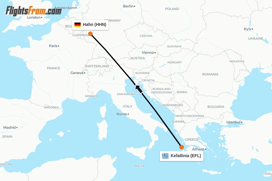 Flights from Kefallinia to Hahn route map