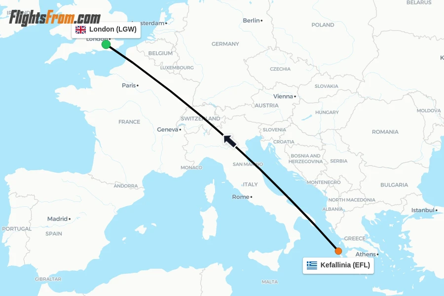 Flights from Kefallinia to London route map