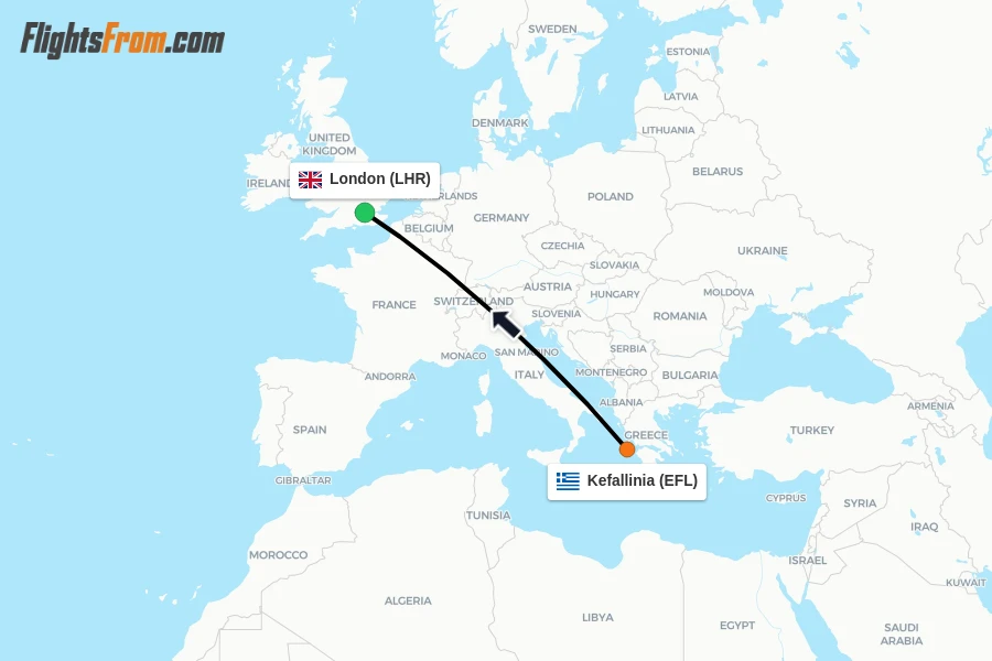 Flights from Kefallinia to London route map
