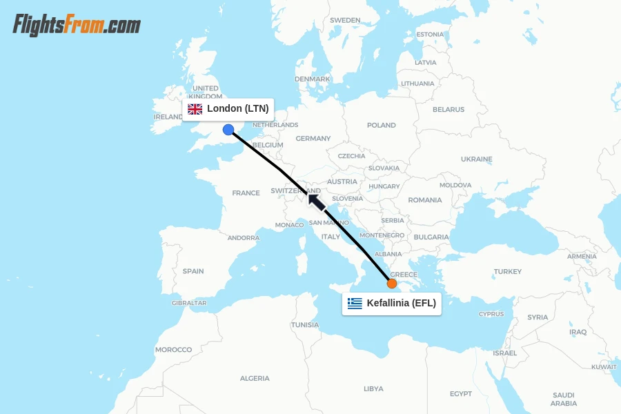 Flights from Kefallinia to London route map