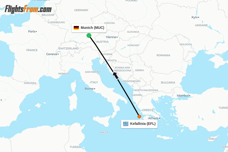 Flights from Kefallinia to Munich route map