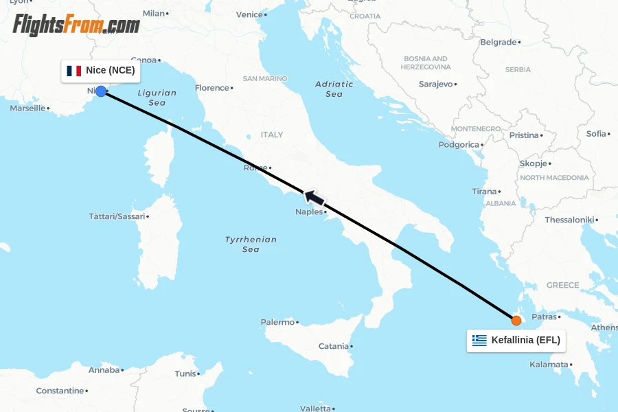 Flights from Kefallinia to Nice route map
