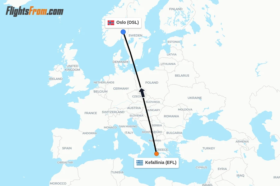 Flights from Kefallinia to Oslo route map