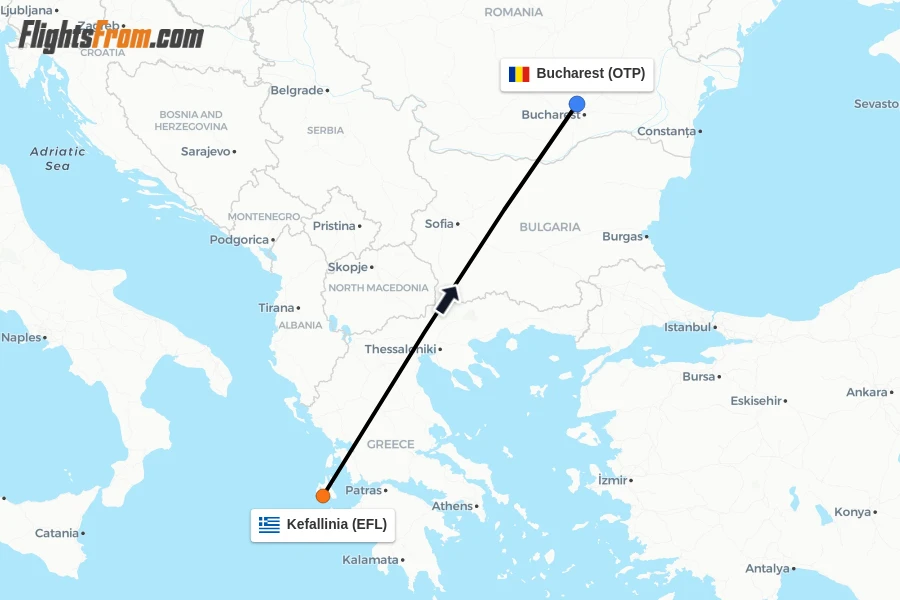 Flights from Kefallinia to Bucharest route map