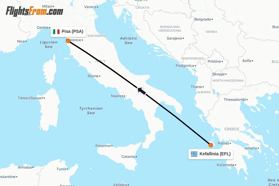 Flights from Kefallinia to Pisa route map