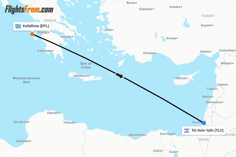 Flights from Kefallinia to Tel Aviv-Yafo route map