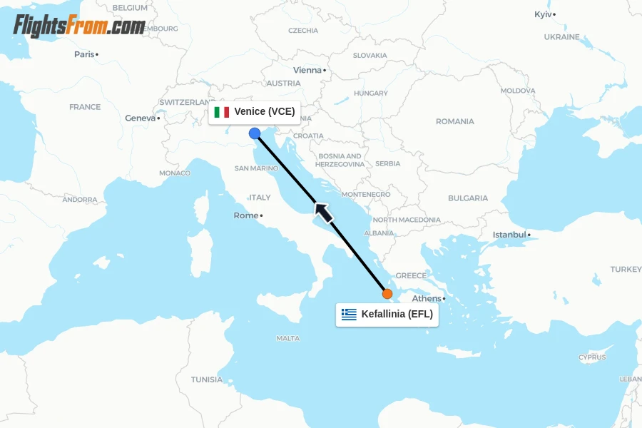 Flights from Kefallinia to Venice route map