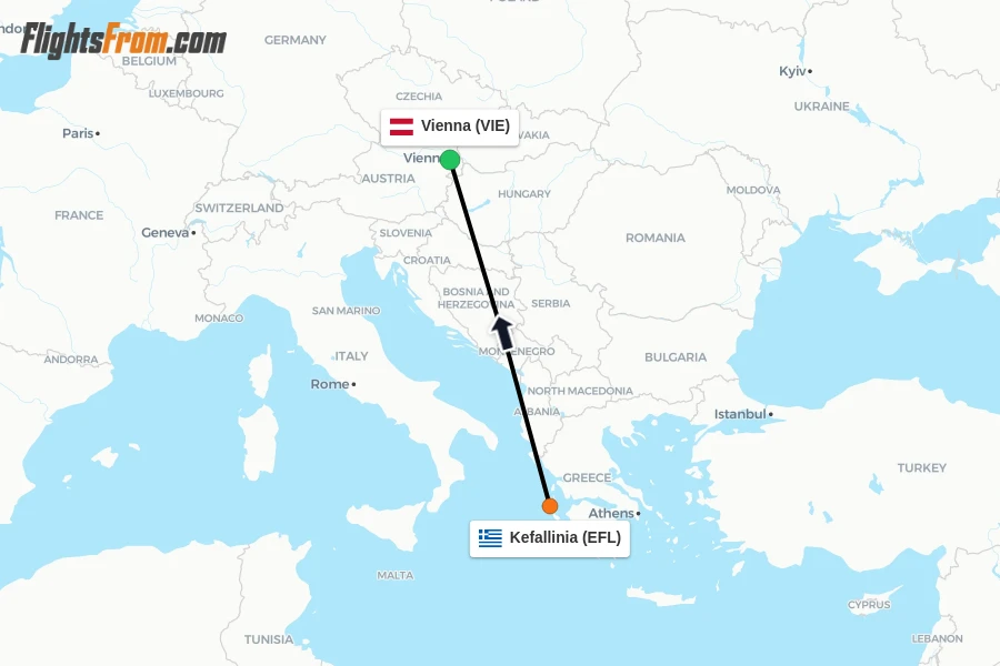 Flights from Kefallinia to Vienna route map