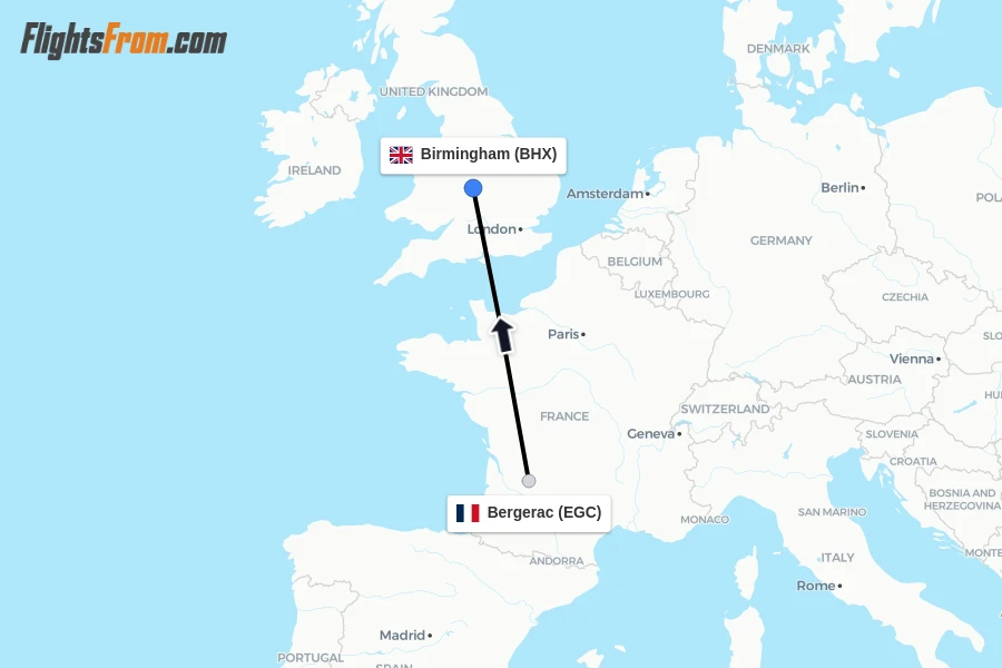 Flights from Bergerac to Birmingham route map